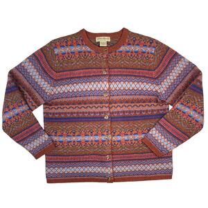 Eddie Bauer Petite M Wool Fair Isle Cardigan Y2K Boho Grandpa Sweater Heritage